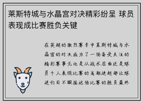 莱斯特城与水晶宫对决精彩纷呈 球员表现成比赛胜负关键