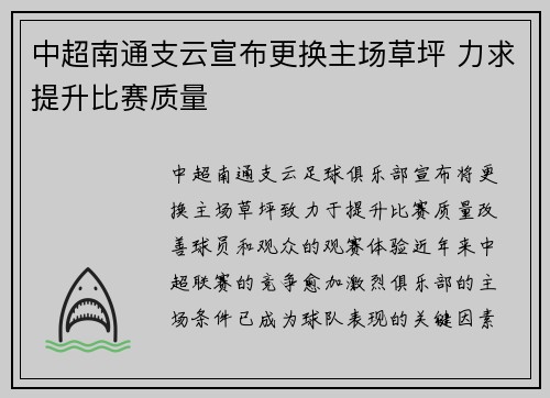 中超南通支云宣布更换主场草坪 力求提升比赛质量 中超南通支云宣布更换主场草坪 力求提升比赛质量