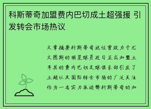 科斯蒂奇加盟费内巴切成土超强援 引发转会市场热议