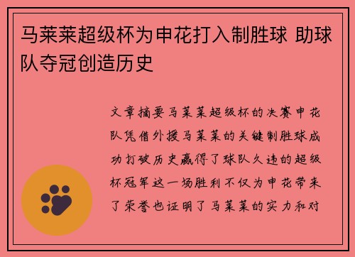马莱莱超级杯为申花打入制胜球 助球队夺冠创造历史 马莱莱超级杯为申花打入制胜球 助球队夺冠创造历史