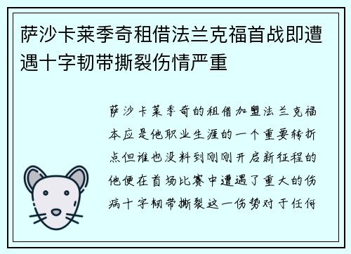 萨沙卡莱季奇租借法兰克福首战即遭遇十字韧带撕裂伤情严重 萨沙卡莱季奇租借法兰克福首战即遭遇十字韧带撕裂伤情严重